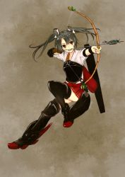 Rule 34 | 10s, 1girl, aiming, archery, arrow (projectile), ashiya hiro, black footwear, black thighhighs, blush, boots, bow (weapon), brown background, brown eyes, drawing bow, flight deck, full body, gloves, gradient background, grey hair, hair ribbon, highres, holding, holding bow (weapon), holding weapon, japanese clothes, kantai collection, long hair, miko, miniskirt, muneate, open mouth, partially fingerless gloves, partly fingerless gloves, pleated skirt, ribbon, short sleeves, single glove, skirt, smile, solo, thigh boots, thighhighs, twintails, weapon, yugake, zettai ryouiki, zuikaku (kancolle)