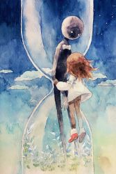 Rule 34 | 1girl, ankle boots, boots, brown hair, cloud, deemo, deemo (character), floating, girl (deemo), holding hands, highres, hourglass, long hair, mukai nemui, painting (medium), plant, sky, traditional media, watercolor (medium)
