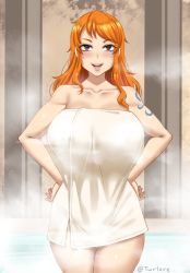 Rule 34 | 1girl, artist name, bath, hands on own hips, looking at viewer, nami (one piece), one piece, orange hair, smile, solo, standing, tattoo, towel, twitter username, twrlare