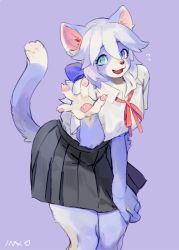 Rule 34 | 1girl, animal ears, animal hands, aqua eyes, artist name, bebebe, black skirt, blue bow, blue eyes, blue hair, blush, bow, breasts, cat ears, cat tail, claws, fangs, female focus, flying sweatdrops, furry, furry female, hair between eyes, hair bow, hand up, happy, heterochromia, medium breasts, miniskirt, neck ribbon, no humans, open mouth, original, pawpads, pleated skirt, purple background, red ribbon, ribbon, school uniform, shirt, short hair, short sleeves, signature, simple background, skirt, smile, solo, standing, tail, waving, white shirt