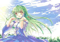 Rule 34 | 1girl, :d, bad id, bad pixiv id, bare shoulders, blue skirt, blush, brown eyes, cowboy shot, detached sleeves, female focus, frog hair ornament, green hair, hair ornament, kochiya sanae, long sleeves, looking at viewer, nontraditional miko, open mouth, skirt, smile, solo, sousouman, tareme, touhou
