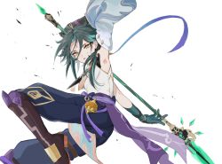 Rule 34 | 1boy, arm guards, arm up, armor, armpits, asymmetrical clothes, bead necklace, beads, black gloves, black hair, detached sleeves, diamond (shape), eyeshadow, facial mark, forehead mark, genshin impact, gloves, green gloves, green hair, highres, holding, holding polearm, holding spear, holding weapon, jewelry, makeup, male focus, multicolored hair, necklace, open mouth, parted bangs, pendant, polearm, red eyeshadow, short hair with long locks, simple background, single bare shoulder, single detached sleeve, slit pupils, solo, spear, sushi 171, tassel, two-tone hair, weapon, white background, wide sleeves, xiao (genshin impact), yellow eyes