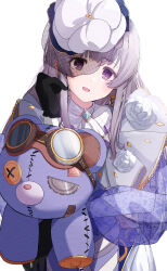 Rule 34 | 1girl, ascot, blunt bangs, blush, button eyes, buttons, capelet, dot nose, eyelashes, flower, goggles, goggles on head, gold trim, grey hair, highres, holding, holding stuffed toy, idolmaster, idolmaster shiny colors, long hair, lower teeth only, official alternate costume, open mouth, purple eyes, raichita, rose, see-through, see-through sleeves, smile, stuffed animal, stuffed toy, tareme, teddy bear, teeth, white ascot, white background, white capelet, white flower, white headwear, white rose, yukoku kiriko