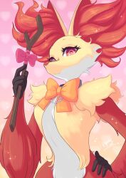 Rule 34 | 1girl, bow, bright pupils, creatures (company), delphox, detached collar, furry, furry female, game freak, gen 6 pokemon, gradient background, hand on own hip, highres, holding, holding stick, looking at viewer, looking down, nintendo, pink background, pokemon, red eyes, red fur, ribbon, smile, solo, soylakagura, sparkle, stick, upper body, yellow fur