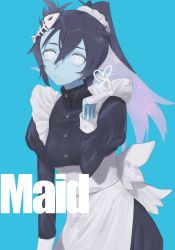 Rule 34 | 1girl, 5tsukado, black hair, blue background, closed mouth, english text, fish bone, fish hair ornament, frills, gloves, hair between eyes, hair ornament, half gloves, heart, highres, long hair, maid, messy hair, multicolored hair, original, pink hair, ponytail, purple hair, simple background, solo, striped, turtleneck, twitter username, white eyes, white gloves
