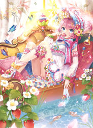 Rule 34 | 1girl, :o, bad id, bad pixiv id, bell, blue eyes, bonnet, bow, bug, butterfly, couch, curtains, detached sleeves, dress, fish, flower, food, frills, fruit, hair ornament, hair ribbon, high heels, insect, leaf, bridal garter, light, nail polish, open mouth, original, pillow, pink hair, ribbon, see-through, shoes, short hair, sitting, solo, strawberry, strawberry blossoms, water, white dress, window, yeonwa