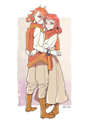 Rule 34 | 1boy, 1girl, alternate costume, boots, bracelet, brother and sister, closed mouth, fire emblem, fire emblem engage, hair between eyes, hug, jewelry, looking at viewer, m s gz, nintendo, orange hair, orange scarf, pandreo (fire emblem), panette (fire emblem), scarf, shirt, short bangs, siblings, white shirt, yellow eyes