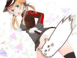 Rule 34 | 10s, 1girl, anchor hair ornament, ass, bad id, bad pixiv id, black ribbon, black skirt, blonde hair, blue eyes, blush, cat, censored, cross, hair ornament, hair ribbon, hat, iron cross, kantai collection, long hair, long sleeves, looking back, microskirt, military, military uniform, novelty censor, open mouth, panties, peaked cap, prinz eugen (kancolle), ribbon, rondo, skirt, solo, sweat, twintails, underwear, uniform, white panties