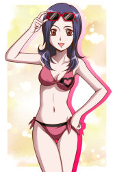 1girl, :d, bikini, border, breasts, brown eyes, cleavage, collarbone, cowboy shot, eyewear on head, fresh precure!, glasses, gluteal fold, hand on hip, hanzou, heart, heart print, higashi setsuna, long hair, looking at viewer, medium breasts, open mouth, outside border, precure, print bikini, purple hair, red-framed eyewear, red bikini, shiny, shiny hair, side-tie bikini, smile, solo, standing, swimsuit, thigh gap, white border