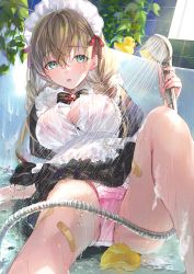 Rule 34 | 1girl, apron, aqua eyes, bandaid, bandaid on leg, bathtub, black bow, black bowtie, blush, bow, bowtie, braid, breasts, brown hair, elbow rest, hair between eyes, holding, holding shower head, indoors, large breasts, long hair, looking at viewer, lying, maid, maid apron, maid headdress, on back, open mouth, original, ouri (aya pine), panties, partially unbuttoned, pink panties, rubber duck, see-through, shower head, twin braids, underwear, water, wet, wet clothes, window