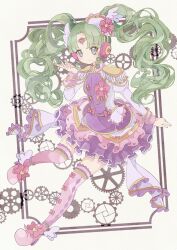 Rule 34 | 1girl, aiguillette, boots, commentary request, epaulettes, falulu, forehead jewel, frilled skirt, frills, full body, gears, gold trim, green hair, grey eyes, hand up, headphones, high heels, highres, idol clothes, jacket, long hair, long sleeves, looking at viewer, parted bangs, pink footwear, pretty series, pripara, purple jacket, purple skirt, ranirani (syohousen8), sidelocks, skirt, smile, solo, thigh boots, twintails, wing hair ornament