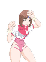 Rule 34 | 1980s (style), 1girl, blue headband, breasts, brown eyes, brown hair, closed mouth, commentary request, gc5 mech hk, headband, highres, leotard, looking at viewer, medium breasts, oldschool, pink leotard, retro artstyle, shirt, short hair, smile, solo, takaya noriko, thighs, top wo nerae!, white background, white shirt, wristband