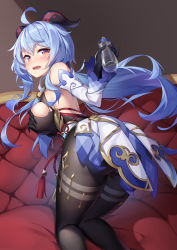 Rule 34 | 1girl, absurdres, ahoge, ass, baby bottle, bare shoulders, black gloves, black leotard, black pantyhose, blue hair, bottle, breasts, detached sleeves, from behind, ganyu (genshin impact), genshin impact, gloves, goat horns, highres, holding, horns, k.t.cube, kneeling, large breasts, leotard, long hair, long sleeves, looking at viewer, looking back, low ponytail, open mouth, pantyhose, purple eyes, solo, thighs, torn clothes, very long hair, waist cape