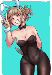 Rule 34 | 1girl, animal ears, bare shoulders, black nails, blonde hair, blunt bangs, blush, boku no hero academia, breasts, cleavage, cowboy shot, detached collar, detached sleeves, double bun, earrings, fake animal ears, fishnet pantyhose, fishnets, hair bun, highleg, highleg leotard, highres, holding, holding knife, holding weapon, jewelry, knife, leotard, medium breasts, messy hair, nail polish, no bra, pantyhose, playboy bunny, rabbit ears, sidelocks, solo, strapless, strapless leotard, thighs, toga himiko, unusualpie, v, weapon, yellow eyes