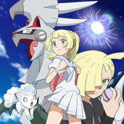 Rule 34 | 1boy, 1girl, alolan form, alolan vulpix, backpack, bag, blonde hair, braid, brother and sister, closed mouth, commentary request, creatures (company), eyelashes, frown, game freak, gen 7 pokemon, gladion (pokemon), green eyes, highres, holding, holding poke ball, holding strap, legendary pokemon, lillie (pokemon), long hair, looking to the side, monoshiri hakase, nintendo, pink bag, pleated skirt, poke ball, pokemon, pokemon (anime), pokemon (creature), pokemon sm (anime), ponytail, premier ball, shirt, short sleeves, siblings, silvally, skirt, white shirt, white skirt