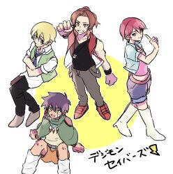 Rule 34 | 1girl, 3boys, absurdres, daimon masaru (digimon savers), digimon, digimon savers, fujieda yoshino, highres, multiple boys, noguchi ikuto, pink eyes, pink hair, short hair, thoma h. norstein