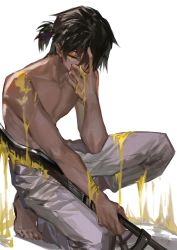Rule 34 | 1boy, absurdres, arknights, barefoot, black hair, clay (clayjun), collarbone, commentary request, covered mouth, dark-skinned male, dark skin, full body, grey pants, hair over one eye, hand over face, hand up, highres, holding, holding sword, holding weapon, looking at viewer, male focus, one eye covered, orange eyes, pants, topless male, short hair, short ponytail, simple background, slime (substance), solo, squatting, sword, thorns (arknights), toned, toned male, weapon, white background