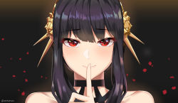 Rule 34 | 1girl, absurdres, bare shoulders, black choker, black hair, blush, choker, closed mouth, collarbone, finger to mouth, flower, hair between eyes, hair flower, hair ornament, hairband, highres, index finger raised, looking at viewer, portrait, red eyes, short hair with long locks, shushing, sidelocks, solo, spy x family, twitter username, twomoon, yellow flower, yellow hairband, yor briar