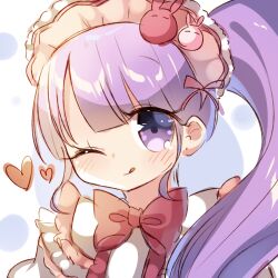 Rule 34 | 1girl, ;q, blush, bow, closed mouth, hair bow, heart, highres, long hair, looking at viewer, manaka non, one eye closed, pretty series, pripara, pudding (skymint 028), purple eyes, purple hair, red bow, shirt, side ponytail, sidelocks, smile, solo, tongue, tongue out, upper body, white background, white shirt