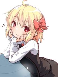 Rule 34 | 1girl, ahoge, blonde hair, bow, closed mouth, fang, hair bow, hands on own cheeks, hands on own face, long sleeves, looking at viewer, musical note, natsu no koucha, red bow, red eyes, rumia, short hair, simple background, skin fang, smile, solo, touhou, white background