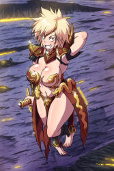 Rule 34 | 10s, 1girl, arm up, armor, armpits, bakugou mitsuki, barefoot, bikini armor, blonde hair, boku no hero academia, breasts, brown eyes, cleavage, feet, full body, gron, highres, large breasts, linker, loincloth, looking at viewer, mature female, nail polish, navel, outdoors, short hair, shoulder armor, solo, spiked hair, standing, sword, toes, weapon