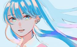 Rule 34 | 1girl, aqua background, aqua hair, blue eyes, collared shirt, commentary, earrings, hatsune miku, highres, jewelry, lips, long hair, looking at viewer, parted lips, portrait, richard-kun, shadow, shirt, simple background, solo, twitter username, vocaloid, white shirt