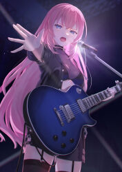 Rule 34 | 1girl, absurdres, black bra, black jacket, black skirt, black thighhighs, blue eyes, bra, breasts, buttons, cowboy shot, electric guitar, garter straps, guitar, highres, holding, holding instrument, instrument, jacket, long hair, looking at viewer, medium breasts, megurine luka, microphone, open hand, open mouth, outstretched arm, pink hair, sidelocks, skirt, solo, stage lights, sweatdrop, teeth, thighhighs, underwear, upper teeth only, vocaloid, vs0mr