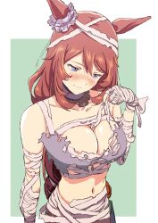 Rule 34 | 1girl, absurdres, animal ears, bandaged arm, bandages, bare shoulders, blue eyes, blush, breasts, brown hair, cleavage, from above, hair between eyes, halloween, highres, horse ears, horse girl, large breasts, long hair, looking down, midriff, mugi0913, mummy costume, navel, official alternate costume, solo, super creek (chiffon ribbon mummy) (umamusume), super creek (umamusume), umamusume, very long hair
