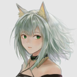 Rule 34 | 1girl, absurdres, ahong, animal ear fluff, animal ears, arknights, bare shoulders, black choker, cat ears, choker, collarbone, commentary request, criss-cross halter, from side, green eyes, green hair, grey background, halterneck, highres, kal&#039;tsit (arknights), light smile, lips, looking at viewer, medium hair, parted lips, portrait, simple background, solo, upper body
