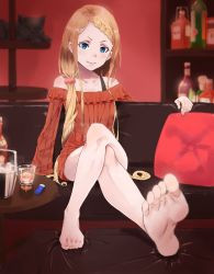 Rule 34 | 1girl, bare legs, bare shoulders, barefoot, blonde hair, blue eyes, cat, collarbone, couch, feet, highres, crossed legs, long hair, original, sitting, smile, soles, solo, toes, twintails, very long hair, you (artist)