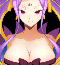 Rule 34 | 1girl, breasts, chinese clothes, cleavage, fate/grand order, fate (series), long hair, purple eyes, purple hair, ribbon, smile, wu zetian (fate)