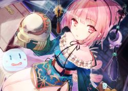 Rule 34 | 1girl, atelier (series), atelier lydie &amp; suelle, atelier sophie, bag, bare shoulders, blue dress, china dress, chinese clothes, collarbone, cornelia (atelier), dress, hair ornament, highres, looking at viewer, miniskirt, pink eyes, pink hair, puni (atelier), short hair, sitting, skirt, sleeves past wrists, solo, tatsukisan