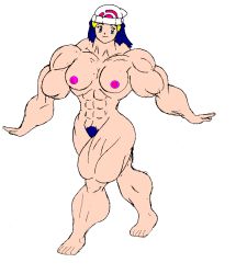 Rule 34 | abs, blue eyes, blue hair, breasts, creatures (company), extreme muscles, game freak, hat, hikari (pokemon), muscular, muscular female, nintendo, nipples, nude, pokemon, pubic hair, simple background, smile