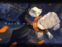 1boy black_hair black_pants black_shirt clenched_hand duo_xin hair_slicked_back highres jacket long_sleeves male_focus natsuki_subaru one_eye_closed orange_eyes pants re:zero_kara_hajimeru_isekai_seikatsu shirt solo