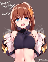 Rule 34 | 1girl, black gloves, black shirt, character name, commentary, crop top, cropped jacket, english text, fingerless gloves, gloves, hair ornament, half-closed eyes, happy birthday, jacket, long sleeves, looking at viewer, lyrical nanoha, mahou shoujo lyrical nanoha, mahou shoujo lyrical nanoha a&#039;s, navel, open clothes, open jacket, open mouth, opened by self, raiou, shirt, short hair, simple background, sleeveless, sleeveless shirt, smile, solo, steam, twitter username, upper body, white jacket, x hair ornament, yagami hayate