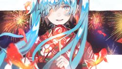 Rule 34 | 1girl, aerial fireworks, animal, blue eyes, blue hair, blurry, blurry foreground, candy apple, commentary, depth of field, fireworks, fish, floral print, food, goldfish, hair ornament, hair over one eye, hatsune miku, heremia, highres, holding, holding food, japanese clothes, kimono, long hair, looking at viewer, parted lips, print kimono, red kimono, smile, solo, teeth, twintails, upper body, upper teeth only, vocaloid