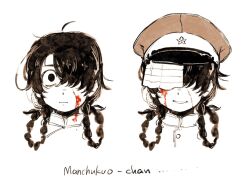 1girl black_hair blood blood_on_face braid braided_hair_rings character_name chinese_clothes colonialism covered_eyes english_text hair_rings hat manchukuo manchukuo_(nanimonothing) manchuria mandarin_collar military_hat military_uniform multiple_views nanimonothing original personification second_sino-japanese_war shanghai_neckline symbolism