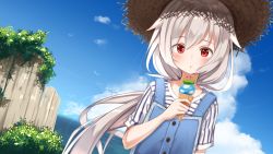 Rule 34 | 1girl, :o, ame., azur lane, blue sky, blush, cliff, cloud, commentary request, day, double scoop, dutch angle, food, hair between eyes, hat, holding, holding food, horizon, ice cream, ice cream cone, long hair, looking at viewer, montpelier (azur lane), ocean, outdoors, overalls, parted lips, red eyes, shirt, short sleeves, silver hair, sky, solo, straw hat, striped clothes, striped shirt, very long hair, water