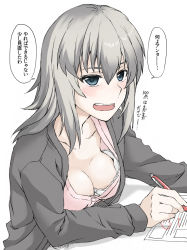 Rule 34 | 1girl, alternate costume, blush, bra, breasts, cleavage, collarbone, commentary, downblouse, elf (stroll in the woods), girls und panzer, grey eyes, grey hair, hair between eyes, holding, holding pen, itsumi erika, looking at viewer, medium breasts, pen, short hair, solo, translation request, underwear, white background, white bra
