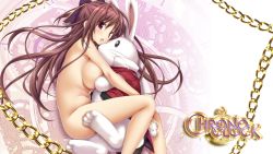 Rule 34 | 1girl, blush, breasts, brown hair, chain, chrono clock, copyright name, from side, gears, gradient background, hair ribbon, highres, jounouchi makoto, jpeg artifacts, koku, long hair, looking at viewer, nude, open mouth, purple eyes, rabbit, ribbon, solo, stuffed animal, stuffed rabbit, stuffed toy, very long hair