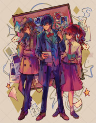 Rule 34 | ..., 1girl, 2boys, ?, akechi gorou, alternate costume, amamiya ren, artist name, belt, belt buckle, black-framed eyewear, black belt, black eyes, black gloves, black hair, blazer, blue jacket, blue pants, blue suit, bow, bowtie, brown hair, brown headwear, brown jacket, buckle, buttons, coat, collared shirt, commentary, deerstalker, detective, english commentary, formal, glasses, gloves, hair ribbon, hat, highres, holding, holding magnifying glass, holding paper, holding pencil, holding sketchbook, jacket, long hair, long sleeves, looking at another, magnifying glass, maruki takuto, multiple boys, necktie, open clothes, open jacket, pants, paper, pencil, persona, persona 5, persona 5 the royal, ponytail, red bow, red eyes, red necktie, red ribbon, red skirt, ribbon, say0ran, shirt, short hair, sketchbook, skirt, smile, socks, speech bubble, suit, trench coat, twitter username, white shirt, white socks, yoshizawa kasumi