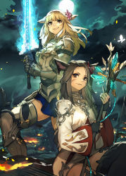 Rule 34 | 2girls, absurdres, animal ears, armor, armored boots, battlefield, blonde hair, boots, breastplate, brown eyes, brown hair, cat ears, commission, earrings, facial mark, final fantasy, final fantasy xiv, flower, full moon, gauntlets, hair flower, hair ornament, hide (hideout), highres, holding, holding staff, holding sword, holding weapon, jewelry, long hair, looking at viewer, miqo&#039;te, moon, multiple girls, night, paladin (final fantasy), shoulder armor, sitting, skeb commission, smile, staff, sword, thighhighs, warrior of light (ff14), weapon, whisker markings, white mage (final fantasy)