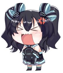 Rule 34 | &gt; &lt;, 1girl, absurdres, anger vein, angry, bimmy, black dress, black hair, blush, chibi, choujigen game neptune, commentary, detached sleeves, dress, english commentary, closed eyes, hair between eyes, hair ornament, highres, neptune (series), open mouth, simple background, solo, tsundere, two side up, uni (neptunia), v-shaped eyebrows, white background