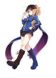 Rule 34 | 1girl, ahoge, artoria pendragon (fate), baozi, baseball cap, blonde hair, blue eyes, blue jacket, boots, brown footwear, cross-laced footwear, fal maro, fate/grand order, fate (series), food, from below, hand in pocket, hat, high heel boots, high heels, highres, holding, holding food, jacket, knee boots, lace-up boots, looking at viewer, looking down, mysterious heroine x (fate), ponytail, scarf, shoe soles, shorts, simple background, solo, track jacket, white background