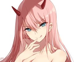 Rule 34 | 10s, 1girl, aqua eyes, bison cangshu, breasts, cleavage, darling in the franxx, finger to mouth, horns, long hair, medium breasts, pink hair, simple background, solo, tongue, tongue out, upper body, white background, zero two (darling in the franxx)