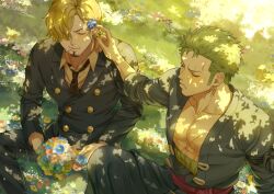 Rule 34 | 2boys, absurdres, black jacket, black pants, blonde hair, blue flower, cigarette, closed mouth, collared shirt, day, facial hair, flower, green flower, green hair, green kimono, hair flower, hair ornament, highres, jacket, japanese clothes, kimono, large pectorals, male focus, multiple boys, muscular, muscular male, necktie, one piece, orange flower, outdoors, pants, pectorals, pink flower, poipoisky72, roronoa zoro, sanji (one piece), scar, scar across eye, scar on chest, scar on face, shirt, short hair, smile, white flower, yaoi, yellow shirt