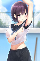 Rule 34 | 1girl, arm up, armpits, black skirt, blurry, breasts, collarbone, crop top, crop top overhang, day, depth of field, hicha nomu, highres, large breasts, looking at viewer, midriff, navel, neckerchief, original, outdoors, parted lips, pleated skirt, pool, purple eyes, purple hair, sailor collar, school uniform, see-through, serafuku, shirt, short hair, short sleeves, sidelocks, skirt, smile, solo, stomach, sweat, upper body, wet, wet clothes, wet shirt, white shirt