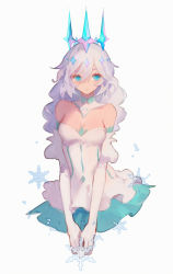 Rule 34 | 1girl, bare shoulders, blue eyes, braid, closed mouth, crown, dress, elbow gloves, gloves, honkai (series), honkai impact 3rd, kiana kaslana, kiana kaslana (divine prayer), long hair, looking at viewer, satsuya, simple background, snowflakes, solo, strapless, strapless dress, twin braids, white background, white dress, white gloves, white hair