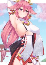 Rule 34 | 1girl, arm up, armpits, blue sky, blush, breasts, cherry blossoms, detached sleeves, dura, genshin impact, hair between eyes, hair ornament, half-closed eyes, highres, japanese clothes, large breasts, long sleeves, miko, no bra, pink hair, purple eyes, sky, sleeveless, solo, yae miko