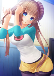 Rule 34 | 1girl, absurdres, black pantyhose, blue eyes, blush, breasts, brown hair, chikuwabuta, commentary request, creatures (company), double bun, eyelashes, game freak, hair bun, head tilt, highres, leaning forward, long hair, looking at viewer, medium breasts, mouth hold, nintendo, pantyhose, pantyhose under shorts, pokemon, pokemon bw2, raglan sleeves, rosa (pokemon), shirt, short shorts, shorts, sleeves past elbows, solo, twintails, yellow shorts